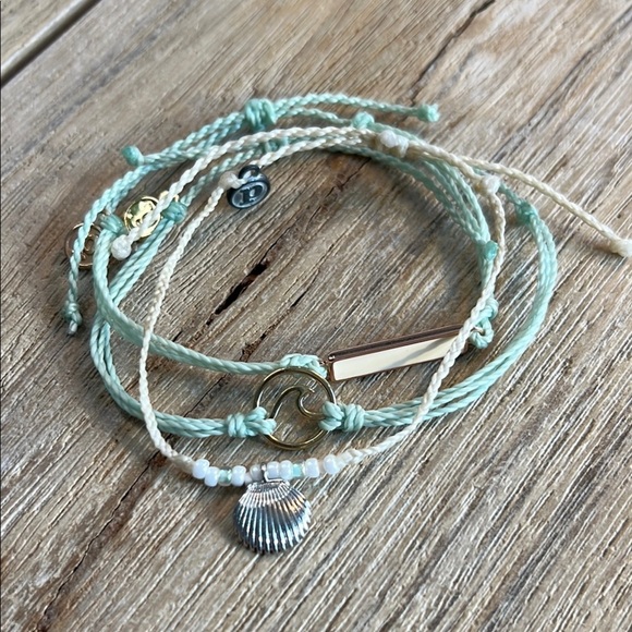 Pura Vida Jewelry - Pura Vida Bracelet Bundle Silver Shell Green Wave Gold Seed Bead Charm Rare Mint